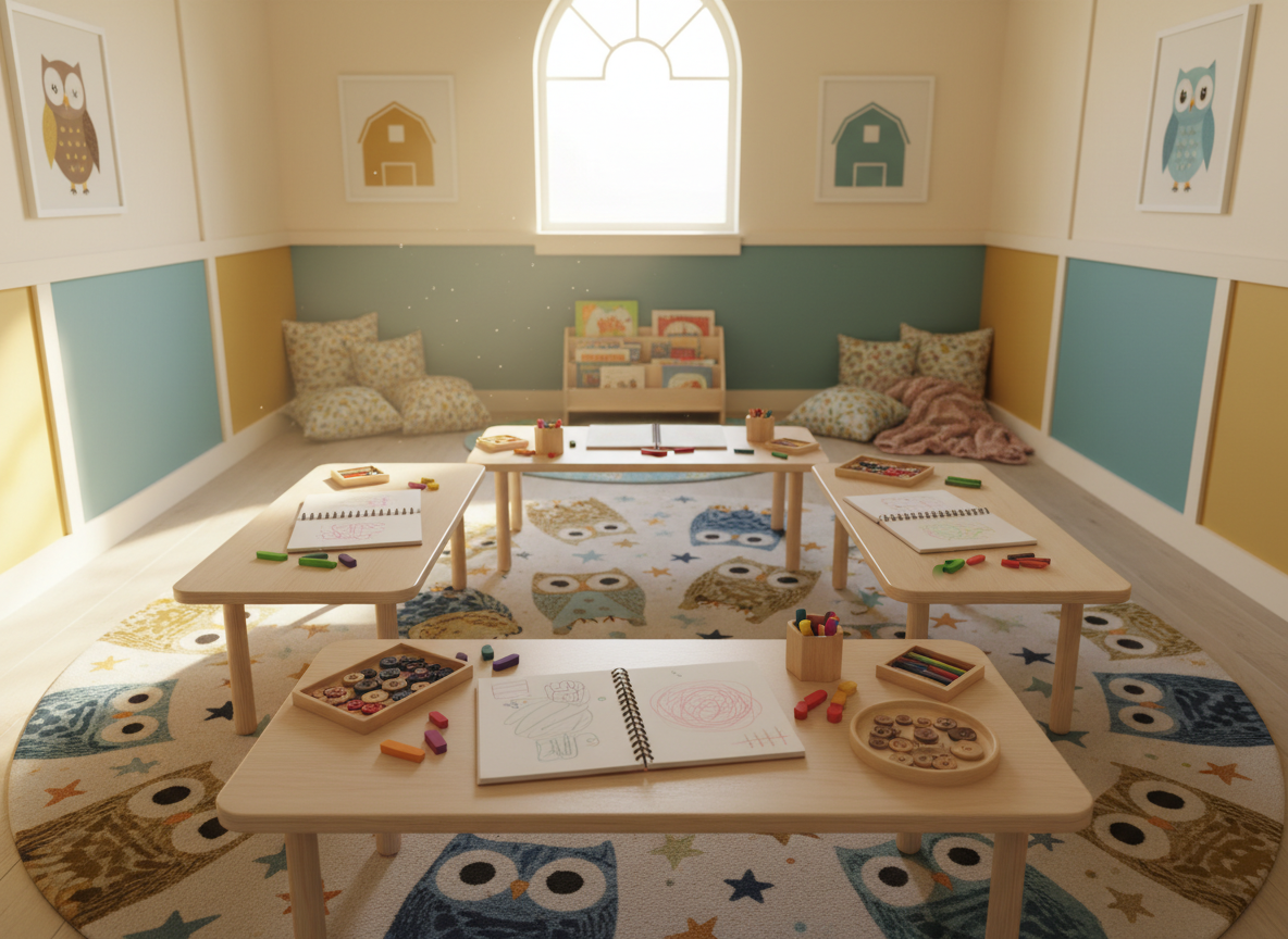 A bright, barn-inspired creative playroom set up as the main welcome space for a children’s studio, photographed in photographic realism. In the center, a large round rug patterned with abstract owls and stars anchors low modular tables topped with open sketchbooks, chunky crayons, and small wooden trays of beads and buttons. Surrounding walls are painted a soft cream with accents of muted teal and mustard, featuring framed illustrations and a subtle owl-and-barn motif evoking “OWLS Barn Studio” branding without actual words. Golden morning light pours in from a high loft window, highlighting dust motes in the air and casting long, cozy shadows. The composition uses the rule of thirds, with sharp focus on the central rug and art materials, and a gently blurred reading nook with floor cushions and picture books in the background, creating a warm, storybook atmosphere.