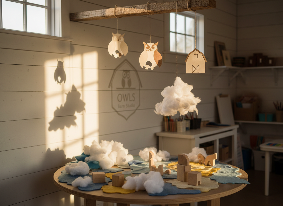 A dreamy, childlike “creative clouds” corner in a kids’ barn studio, captured at eye level in photographic realism. A low, round table is covered with soft felt pieces, cotton batting arranged like clouds, and simple wooden shapes ready to become imaginary creatures. Above, hanging from a rustic wooden beam, delicate paper mobiles of abstract owls and miniature barns gently sway. Late afternoon sunlight filters through a nearby window, catching the edges of the mobiles and casting whimsical, shifting shadows on the whitewashed wall. A subtle painted emblem of an owl perched on a barn roof hints at “OWLS Barn Studio” without words. The mood is serene yet imaginative, with a shallow depth of field that keeps the focus on the soft textures and suspended shapes, while the rest of the studio recedes into a warm, blurred backdrop.