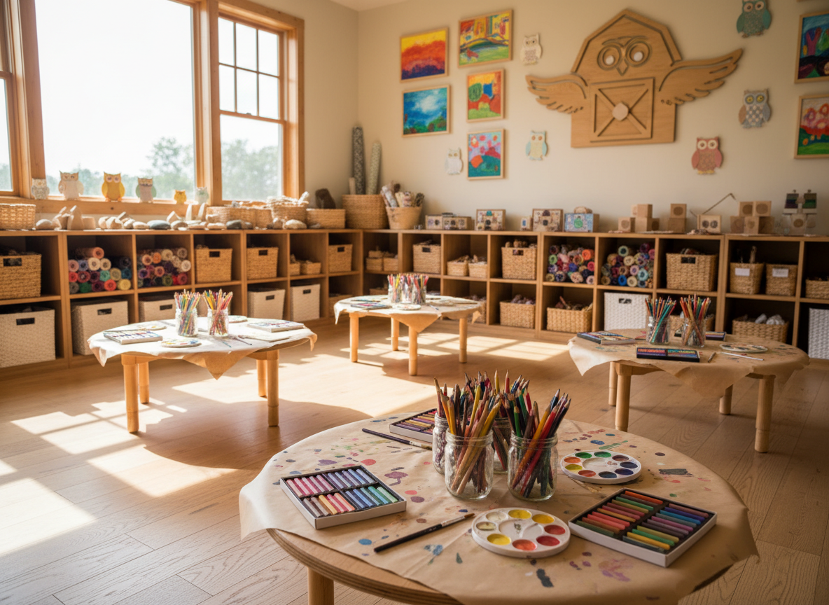 A cozy, whimsically decorated children’s art studio interior, photographed at eye level. Low wooden tables are scattered with jars of colored pencils, soft pastel crayons, and small watercolor palettes, all neatly arranged on paint-splattered kraft paper. Open cubbies built from warm, light pine hold baskets of fabric scraps, wooden blocks, and nature treasures like pinecones and smooth stones. Large barn-style windows let in warm afternoon sunlight that pools across the wide-plank floor, creating gentle, playful shadows. The far wall shows a gallery-style display of colorful, abstract kids’ artwork and paper owls, with a subtle barn-inspired emblem suggesting “OWLS Barn Studio” without readable text. The mood is welcoming, imaginative, and playful, captured in vibrant photographic realism with a shallow depth of field and a softly blurred background.