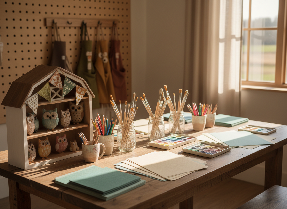 A charming craft workstation inside a rustic-modern kids’ barn studio, captured from a slightly elevated angle in vivid photographic detail. A sturdy farmhouse-style table with a natural wood grain finish is covered with neatly organized art supplies: small ceramic cups of colored pencils, mason jars of paintbrushes, trays of non-toxic paints, and stacks of textured paper. To one side, a miniature wooden barn shelf displays handcrafted owl figurines and tiny fabric banners echoing an “OWLS Barn Studio” theme without text. Sunlight filters through a nearby window with simple linen curtains, creating soft highlights on glass jars and gentle shadows under the table. The background, softly out of focus, shows a pegboard with hanging aprons and smocks in cheerful, earthy tones. The mood is inviting, creative, and quietly magical, perfect for sparking children’s imaginations.