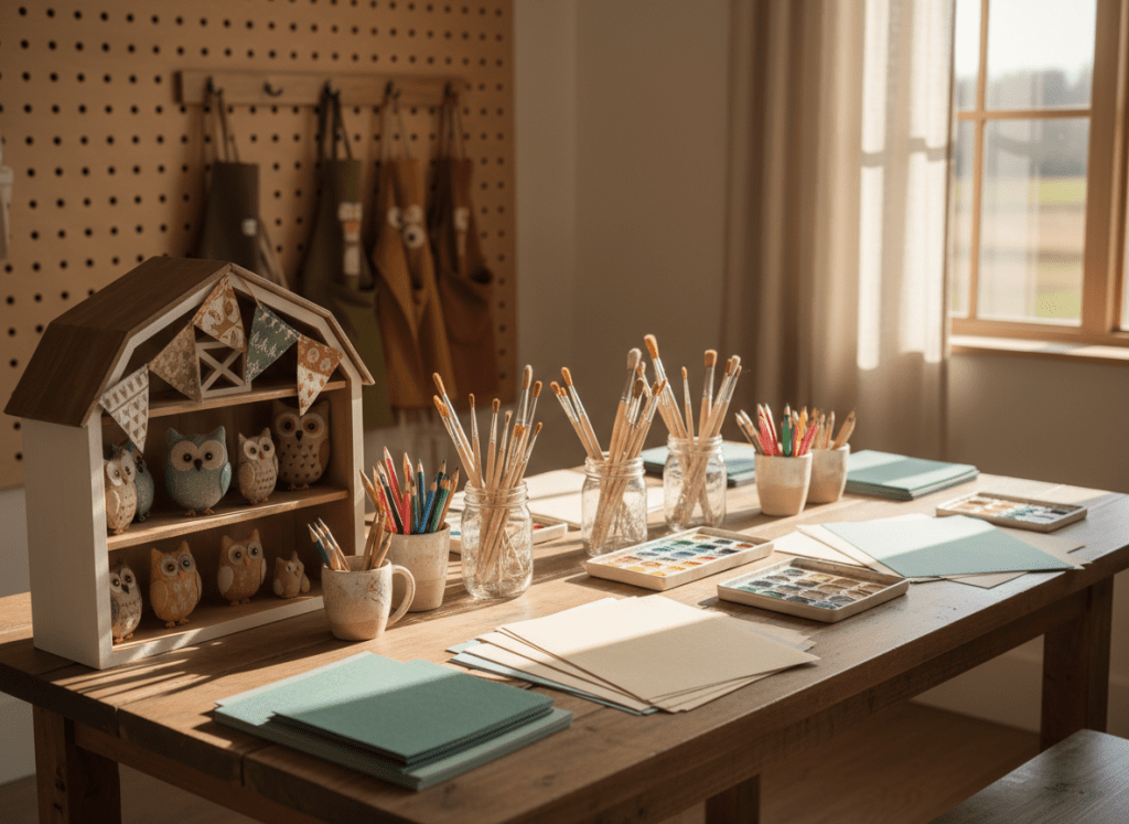 A charming craft workstation inside a rustic-modern kids’ barn studio, captured from a slightly elevated angle in vivid photographic detail. A sturdy farmhouse-style table with a natural wood grain finish is covered with neatly organized art supplies: small ceramic cups of colored pencils, mason jars of paintbrushes, trays of non-toxic paints, and stacks of textured paper. To one side, a miniature wooden barn shelf displays handcrafted owl figurines and tiny fabric banners echoing an “OWLS Barn Studio” theme without text. Sunlight filters through a nearby window with simple linen curtains, creating soft highlights on glass jars and gentle shadows under the table. The background, softly out of focus, shows a pegboard with hanging aprons and smocks in cheerful, earthy tones. The mood is inviting, creative, and quietly magical, perfect for sparking children’s imaginations.