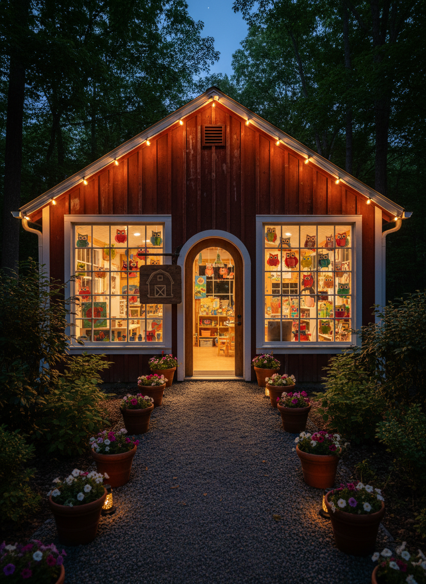 An enchanting nighttime view of the exterior of a small barn-style kids’ studio building in a quiet, wooded setting, captured in crisp photographic realism. The structure has weathered red siding, white trim, and large windows glowing warmly from within, hinting at a creative haven. Inside, out-of-focus splashes of color from art displays and paper owl decorations suggest bustling creativity. A simple wooden sign by the door carries an illustrated barn and owl emblem implying “OWLS Barn Studio” without text. String lights drape along the roofline, casting a soft golden halo around the entrance and onto the gravel path lined with potted flowers and tiny lanterns. Shot from a slightly low angle, the composition emphasizes the welcoming doorway against the dusky blue sky, creating a magical, storybook atmosphere that feels safe and inviting for children.