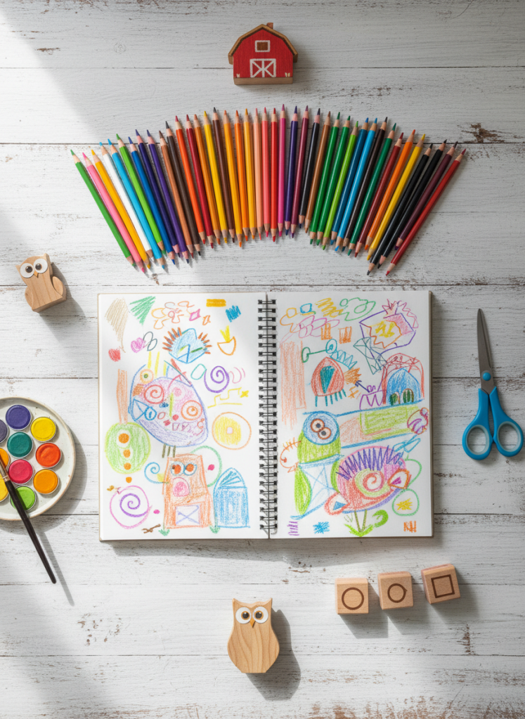 A meticulously staged product-style scene featuring the tools of a children’s creative studio, photographed in bright, clean photographic realism on a rustic whitewashed wooden tabletop. In the middle lies an open sketchbook showing colorful, abstract shapes and playful doodles that hint at owls and barns without forming specific characters or text. Surrounding it are neatly arranged colored pencils sharpened to perfect points, watercolor pans, child-safe scissors, and small wooden stamps with simple geometric designs. A tiny, hand-painted wooden barn and an abstract owl figurine provide a subtle nod to the “OWLS Barn Studio” identity. Soft, diffused daylight from an unseen window illuminates the scene, creating delicate reflections on metal pencil tips and gentle shadows under each object. Shot from directly above, the flat-lay composition feels organized yet playful, ideal for a website hero image or product highlight.