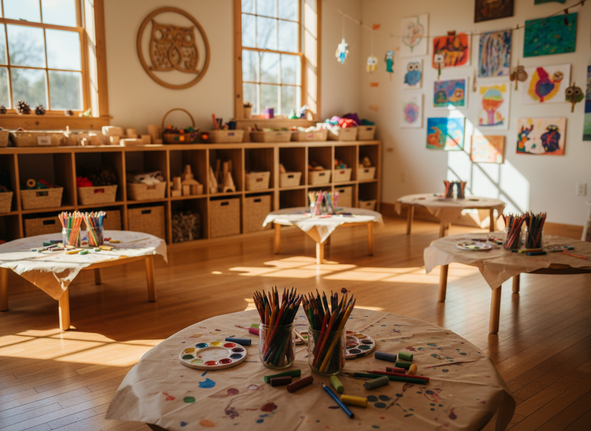 A cozy, whimsically decorated children’s art studio interior, photographed at eye level. Low wooden tables are scattered with jars of colored pencils, soft pastel crayons, and small watercolor palettes, all neatly arranged on paint-splattered kraft paper. Open cubbies built from warm, light pine hold baskets of fabric scraps, wooden blocks, and nature treasures like pinecones and smooth stones. Large barn-style windows let in warm afternoon sunlight that pools across the wide-plank floor, creating gentle, playful shadows. The far wall shows a gallery-style display of colorful, abstract kids’ artwork and paper owls, with a subtle barn-inspired emblem suggesting “OWLS Barn Studio” without readable text. The mood is welcoming, imaginative, and playful, captured in vibrant photographic realism with a shallow depth of field and a softly blurred background.