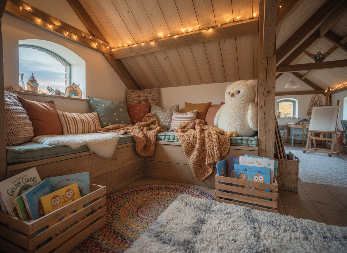 A snug, loft-like reading and storytelling corner within a children’s barn studio, shot in photographic realism from a low, child’s-eye perspective. A built-in wooden bench lined with plump, mismatched cushions and knit blankets wraps beneath a slanted ceiling, suggesting the upper level of a converted barn. String lights drape overhead, casting a warm, twinkling glow that mixes with faint natural evening light from a small window. Picture books with illustrated owls and barns are stacked in open crates, their spines turned away to avoid text, while a large, plush owl toy sits propped against the cushions like a friendly guardian of stories. The floor is layered with soft rugs in muted rainbow hues. The composition centers the cozy bench, with shallow depth of field blurring the distant studio space, creating an intimate, dreamy, and safe atmosphere for childhood imagination to bloom.