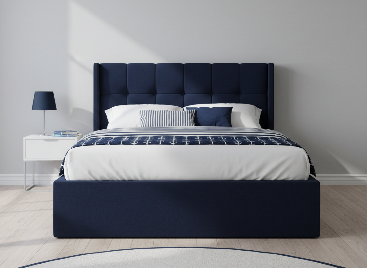 Navy Blue Upholstered Bed with Square Button Tufting
