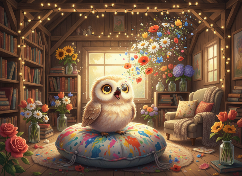 A tiny fluffy owl with big golden eyes sitting on a paint-splattered cushion in a cozy barn studio decorated with fairy lights, colorful books, and blooming flowers in jars. The owl opens its beak and flowers magically bloom all around. Warm, magical, whimsical children's book illustration style.