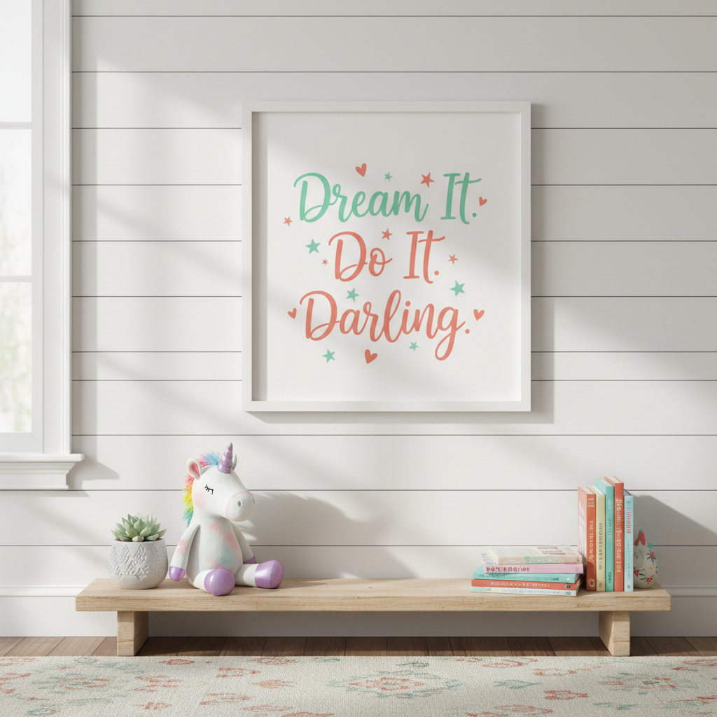 Playful mint and coral script children's room quote frame "Dream It. Do It. Darling.", square format, girls bedroom wall art, product photo style