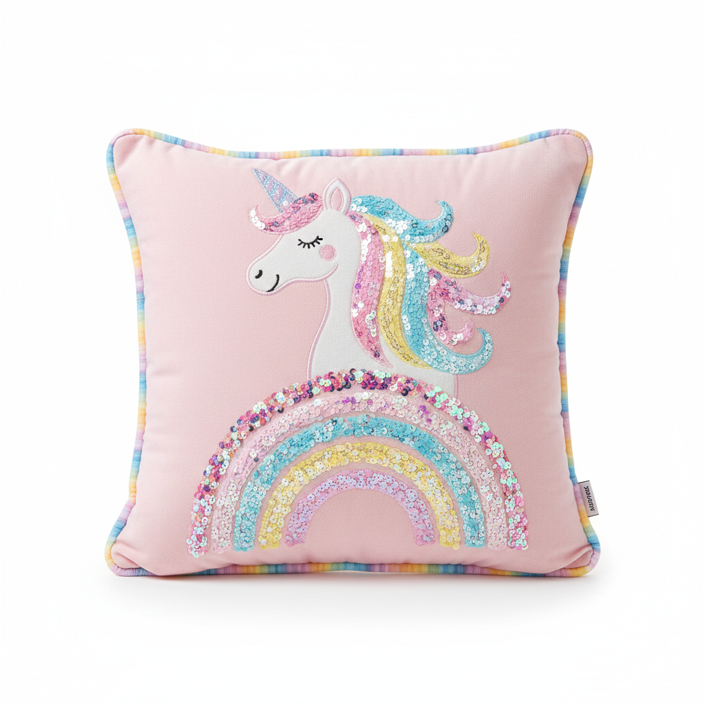 Plush square cushion with embroidered unicorn and rainbow sequins, pink and rainbow colors, 45x45cm, children's bedroom cushion product photography on white background