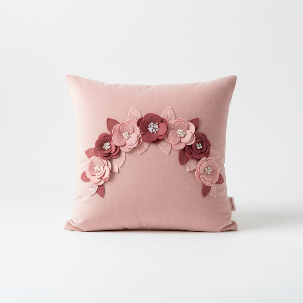 Soft blush velvet cushion with appliqué flower crown, pink velvet, 45x45cm, children's bedroom cushion product photography on white background