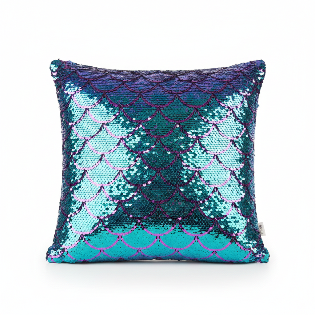 Iridescent sequin cushion with mermaid scale pattern that changes colour, 45x45cm, children's bedroom cushion product photography on white background