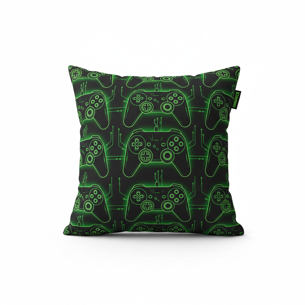 Black and neon green gaming controller print cushion, 45x45cm, children's bedroom gaming cushion product photography on white background