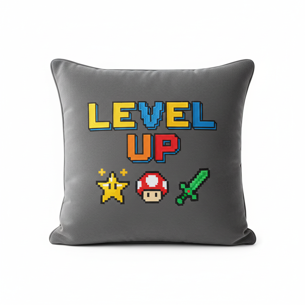 Pixel art Level Up lettering on charcoal velvet cushion, gaming theme, 45x45cm, children's bedroom cushion product photography on white background