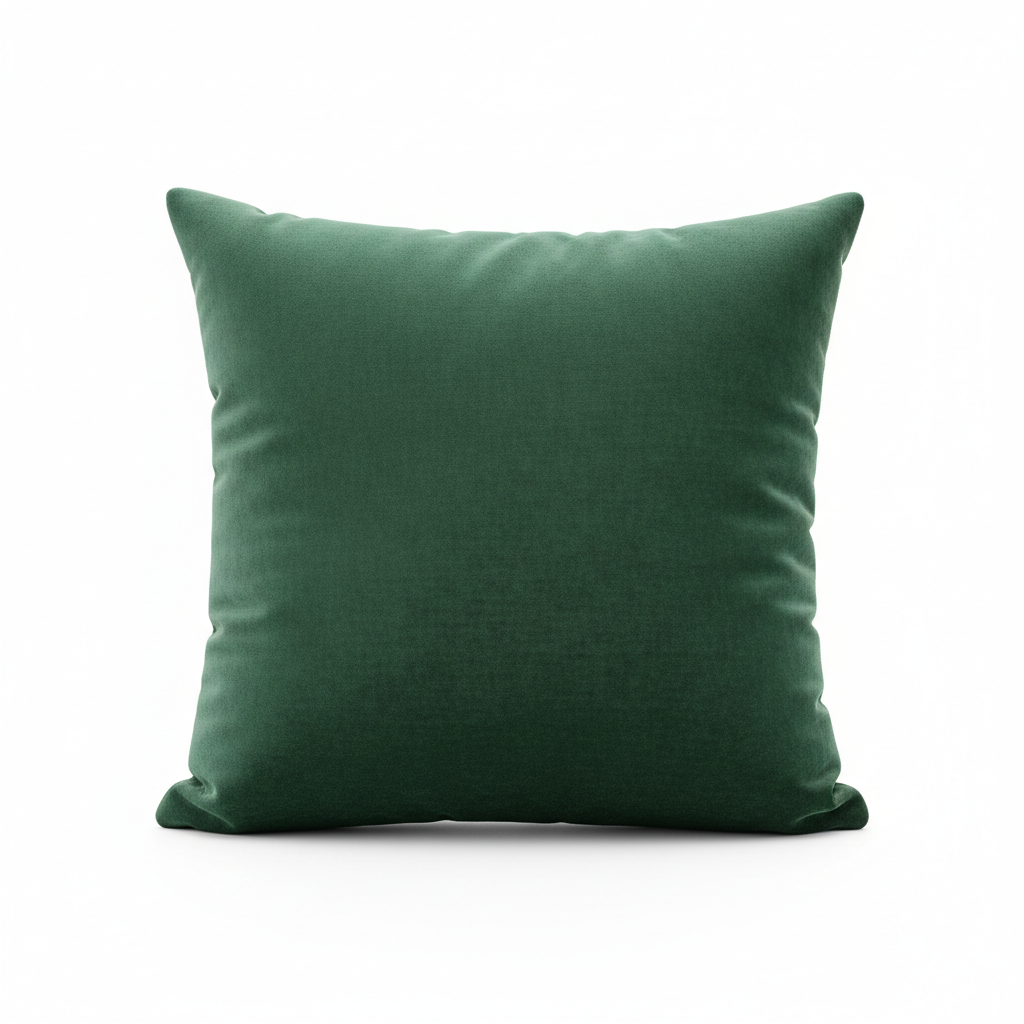 Solid forest green velvet cushion, rich textured fabric, 45x45cm, children's bedroom cushion product photography on white background