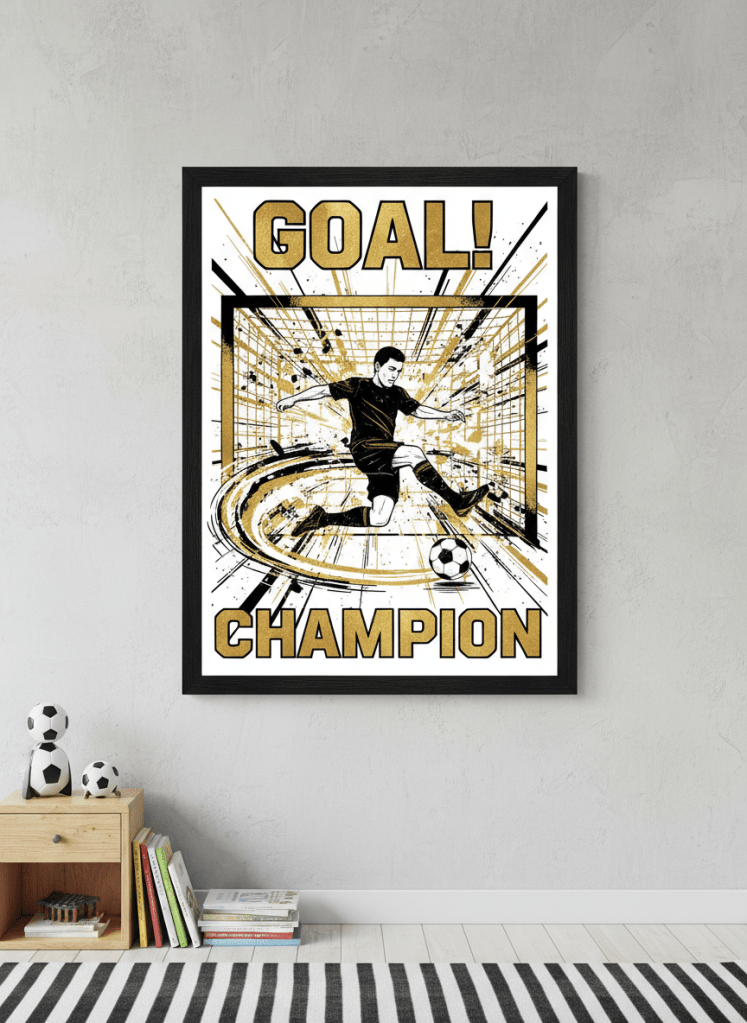 Bold black, white and gold football wall art print for a kids' bedroom, showing a footballer scoring a goal with dynamic lines and energy. Framed poster, product photography style.
