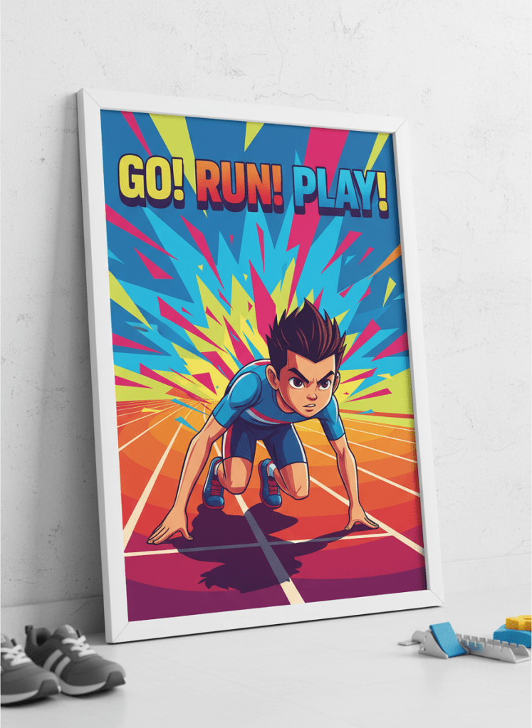 Vibrant athletics track children's bedroom poster with a sprinter in starting position, bold colors, energetic composition. Framed print, product photography style.
