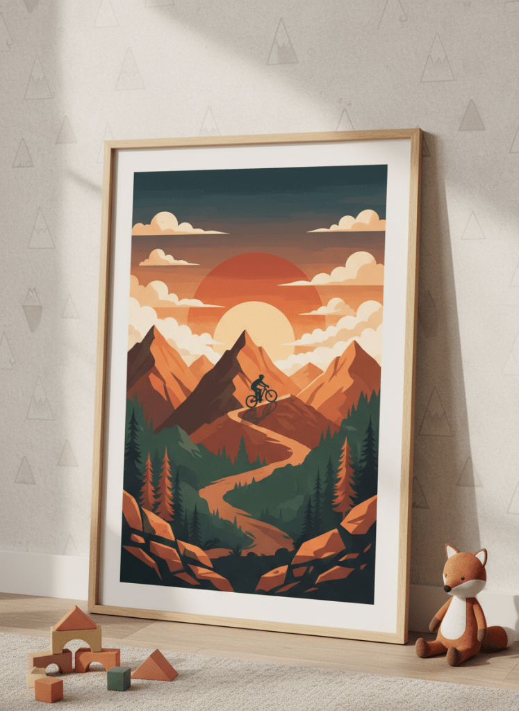 Cycling mountain scene wall art print in rich earthy tones for a kids' bedroom, cyclist on a mountain trail at sunset. Framed poster, product photography style.