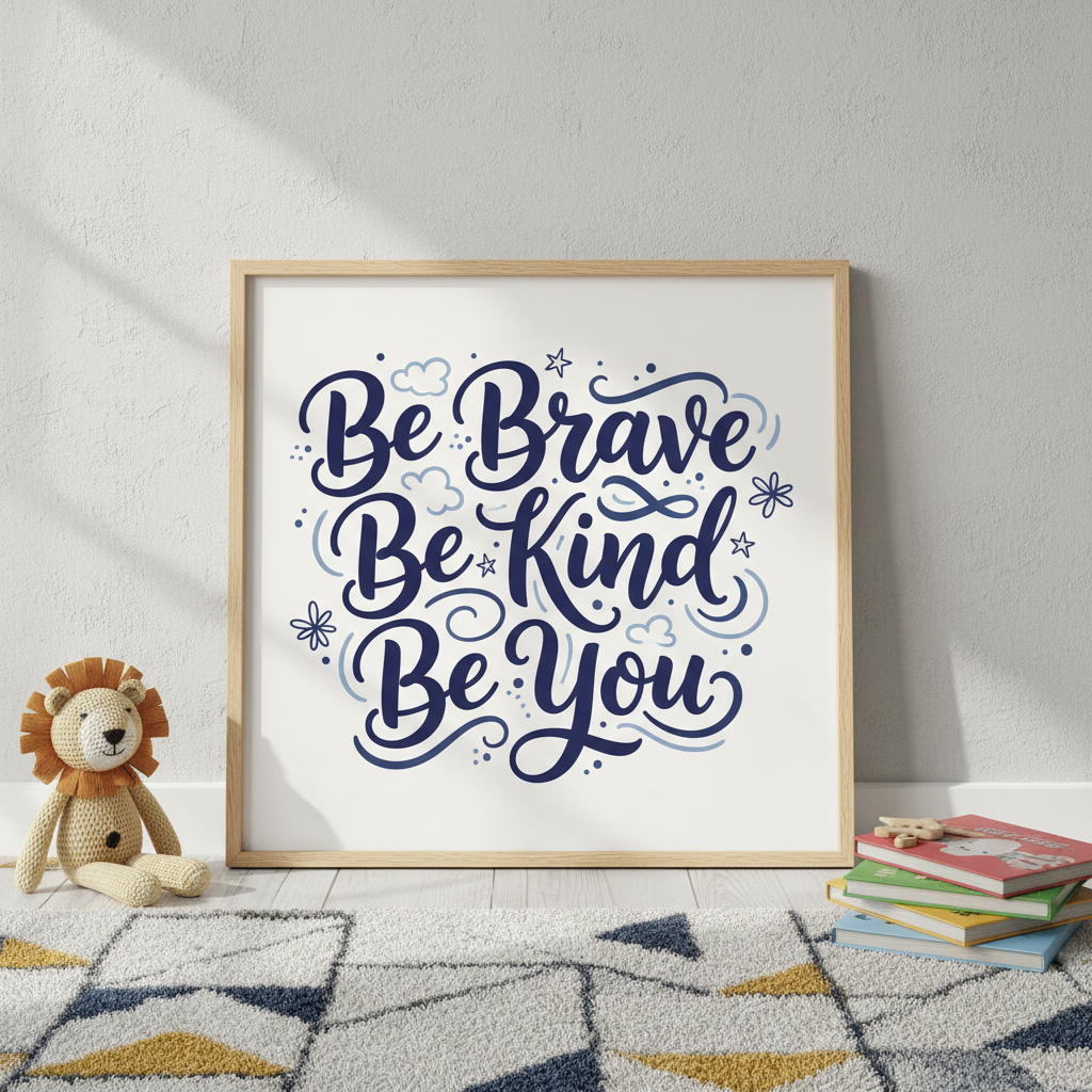 Hand-lettered children's bedroom wall art in bold navy with the words "Be Brave, Be Kind, Be You" in beautiful typography. Square framed print, product photography style.