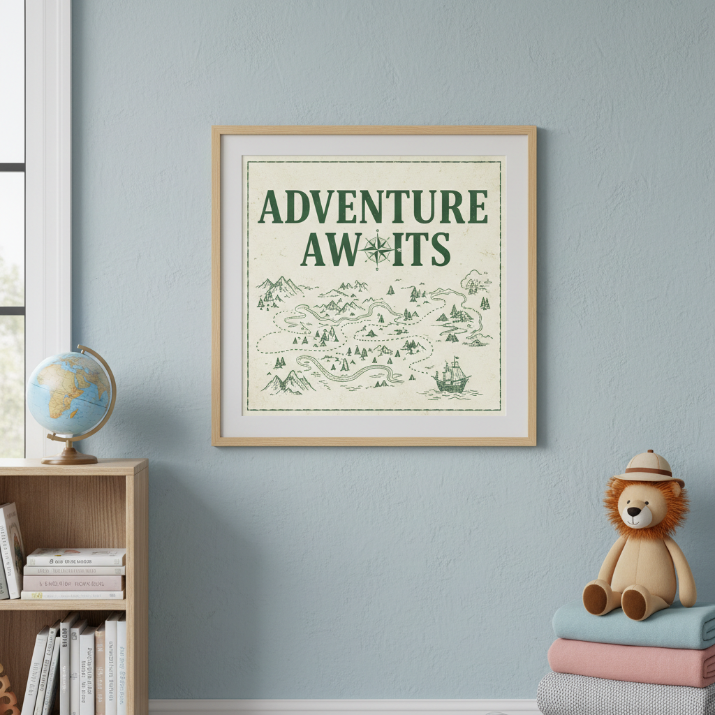 Explorer-themed children's bedroom wall art with "Adventure Awaits" in forest green lettering with compass and map illustration. Square framed print, product photography style.