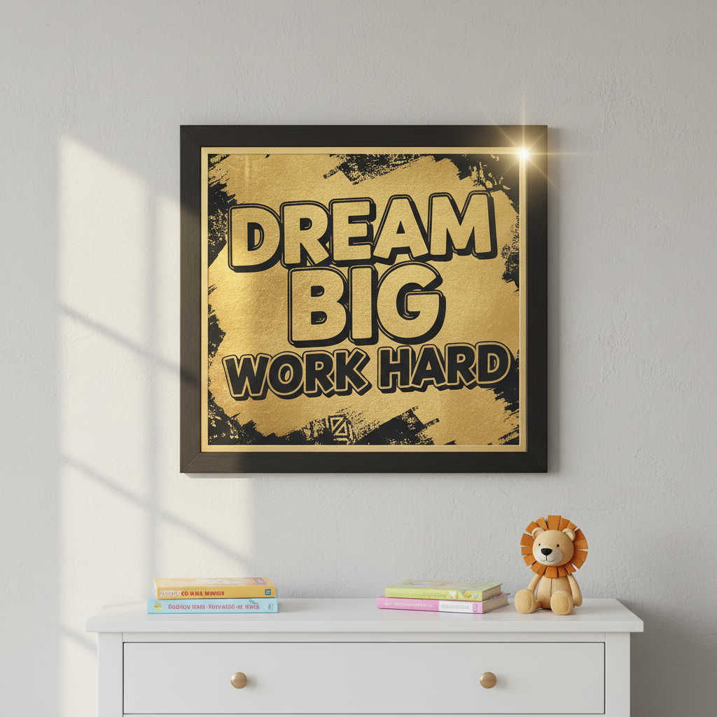 Bold black and gold motivational children's bedroom wall art "Dream Big, Work Hard" in striking typography. Square framed print, product photography style.