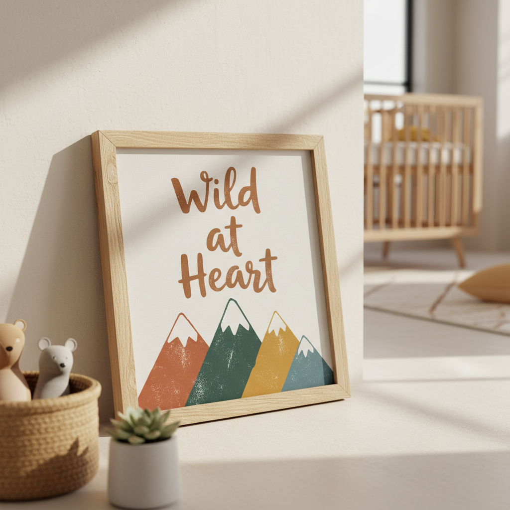 Rustic hand-lettered children's bedroom wall art "Wild at Heart" with mountain illustration in earthy tones. Square framed print, product photography style.