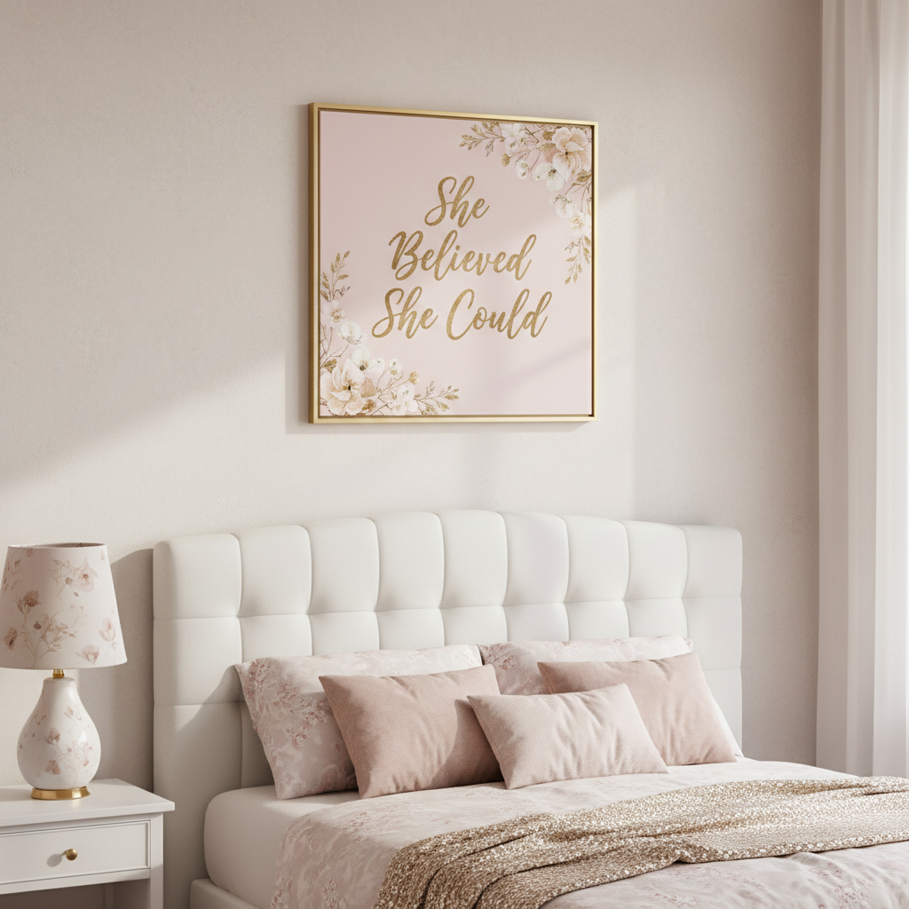 Elegant blush and gold children's bedroom wall art "She Believed She Could" in beautiful feminine typography with floral accents. Square framed print, product photography style.