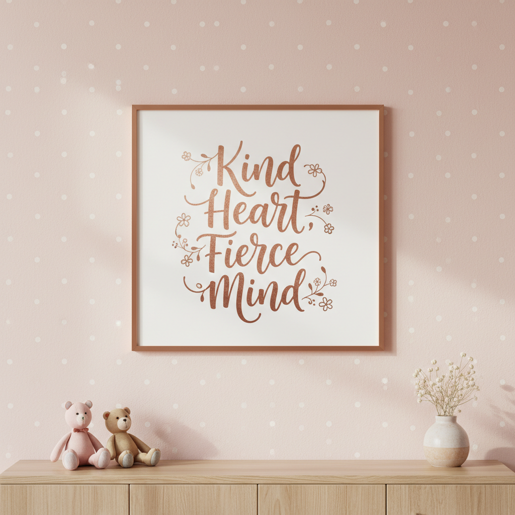 Rose-gold typography children's bedroom wall art "Kind Heart, Fierce Mind" with delicate floral details. Square framed print, product photography style.