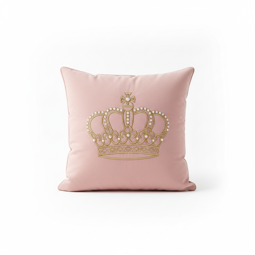 Blush pink square cushion with embroidered golden crown and jewel details, styled for a girl's bedroom.