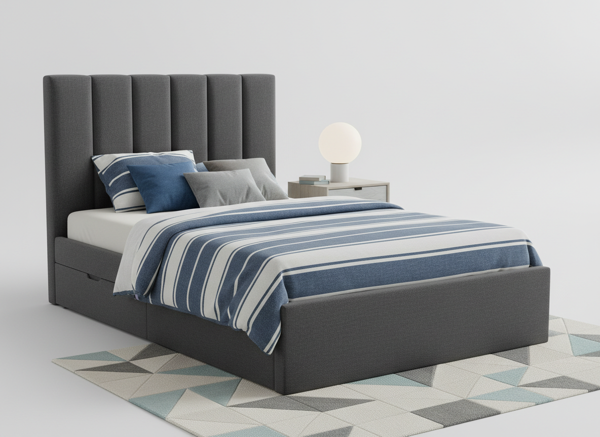 A simple, clean children's upholstered bed in charcoal grey fabric with a tall padded headboard and straight panel design, styled in a modern boys' bedroom.