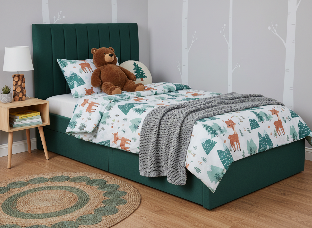 A simple upholstered children's bed in deep forest green fabric with a clean channel-stitched headboard, styled in a nature-themed boys' bedroom.