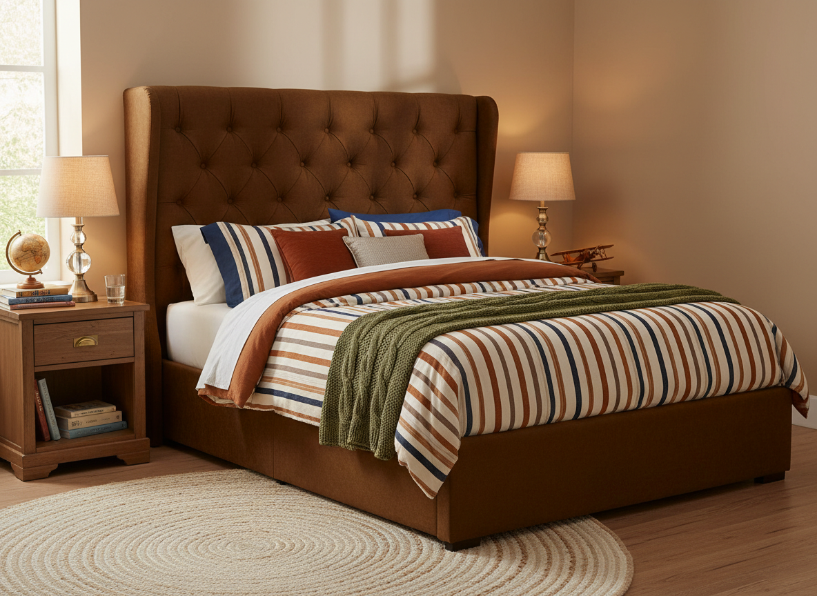 A boys' upholstered bed in rich cognac fabric with deep diamond button tufting across a full-height structured headboard.